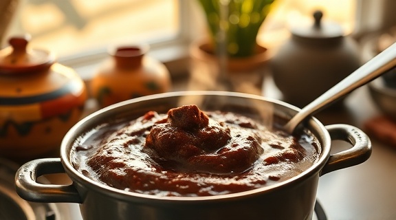 Piping hot mole, comforting, being stirred, photorealistic, within a sunlit kitchen with traditional pottery, highly detailed, bubbling sauce, f/4.5 aperture, rich chocolate hues, golden hour lighting, shot with a 70-200mm lens.