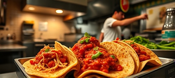 spicy tacos, mouth-watering, being assembled, photorealistic, inside a bustling taquería, highly detailed, chefs cooking in the background, wide-angle view, bold reds and greens, warm lighting, shot with a 24-70mm lens.