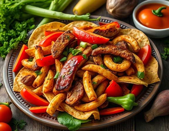 tantalizing fajitas platter, inviting, being devoured, photorealistic, set on a rustic wooden table surrounded by fresh ingredients, highly detailed, vibrant vegetables, macro shot, rich earthy tones, soft ambient lighting, shot with a 100mm macro lens.
