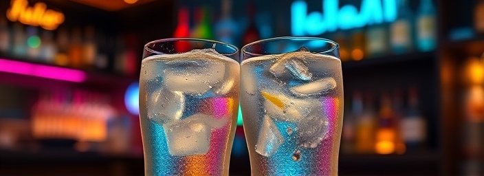 Refreshing glass, shimmering, clinking with another, photorealistic, modern bar backdrop with neon lights, highly detailed, reflections on the glass, clear crystal, artificial neon glow, shot with an 85mm lens.