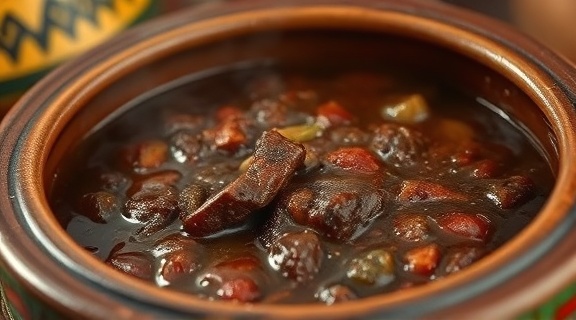 Rich mole dish, aromatic, gently simmering, photorealistic, surrounded by traditional Mexican ceramics, highly detailed, wafts of steam, ISO100, deep browns, soft ambient glow, shot with a macro lens.