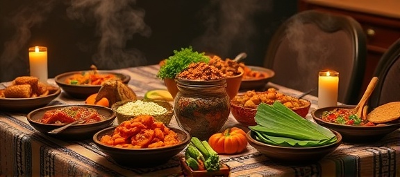 delicious Mexican recipes, aromatic, laid out as a feast, photorealistic, traditional dining table with handmade tablecloth, highly detailed, subtle steam and ingredients rich in color, balanced composition, warm inviting colors, candlelight, shot with a 70-200mm lens.