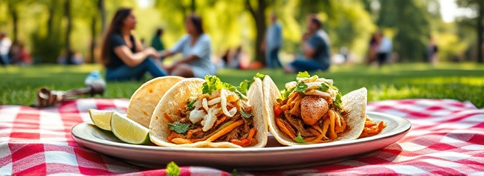 tacos photography, appetizing, being photographed, photorealistic, set on a checkered picnic blanket in the park, highly detailed, people enjoying the day, candid style, naturalistic shades, bright midday sunlight, shot with a 105mm lens.