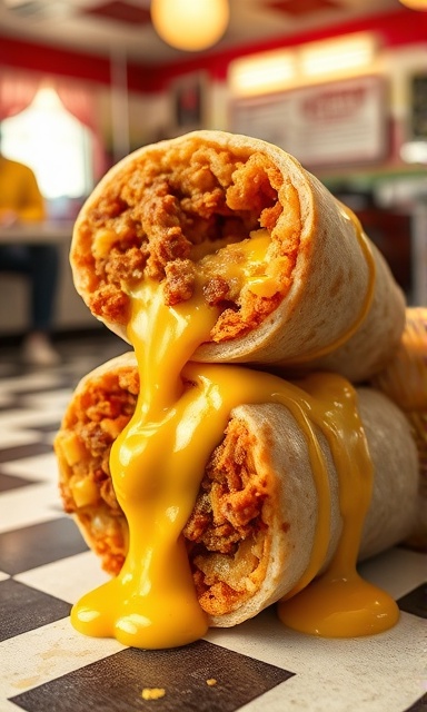 Cheesy burritos, gooey, melting, photorealistic, in a diner setting with checkered floors, highly detailed, cheese stringing out gracefully, sharp focus down the length of the burrito, rich yellows and browns, backlit to emphasize texture, shot with a 35mm lens.