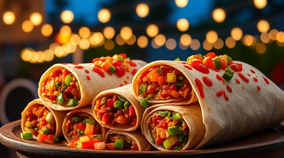 Flavorful burritos, aromatic, wrapped, photorealistic, in a festive outdoor setting with string lights overhead, highly detailed, bursting with assorted salsas, dynamic motion blur on salsa drops, bold colors, twilight lighting, shot with a 24mm wide-angle lens.
