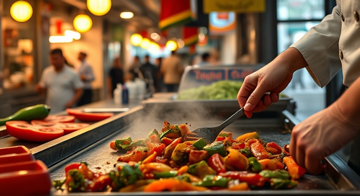 savory fajitas cooking, aromatic, being prepared by a chef, photorealistic, inside a bustling street food market with passerby, highly detailed, hand movements, action shot, lively reds and greens, spot lighting, shot with a 24mm lens.