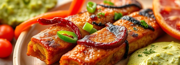 irresistible fajitas on a plate, ready to eat, steaming hot, photorealistic, surrounded by zesty salsas and guacamole, highly detailed, glistening surfaces, close-up, earthy red and green colors, soft daylight lighting, shot with a 100mm macro lens.