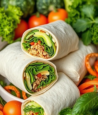 Healthy burritos, fresh, assembled, photorealistic, surrounded by a selection of organic vegetables, highly detailed, grains and greens peeking through, high contrast for clarity, cool greens and whites, bright ambient light, shot with a 50mm lens.
