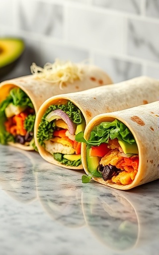 Vegan burritos, vibrant, lined up, photorealistic, on a polished stone countertop with sprouts and avocado slices, highly detailed, showcasing diverse plant-based fillings, balanced composition, soft pastel colors, studio lighting, shot with a 105mm lens.