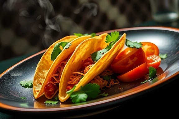 Gourmet taco scene, delightful, exquisitely presented, photorealistic, on a sleek ceramic platter with cilantro garnish, highly detailed, steam tendrils, f/5.6 aperture, vibrant contrast, studio spotlight, shot with a 35mm lens.
