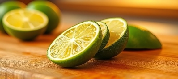 Refreshing lime, sliced, rolling off a cutting board, photorealistic, minimalist kitchen countertop, highly detailed, vibrant aroma visualized, bright yellowish-green, warm kitchen lights, shot with a 35mm f/1.8 lens.