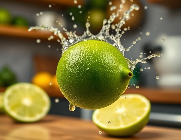Refreshing lime, zesty, spinning mid-air, photorealistic, vibrant kitchen setting, highly detailed, droplets of juice spraying out, vivid green, soft ambient light, shot with a macro lens.
