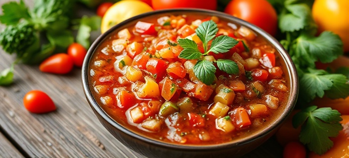 Vibrant salsa spread, inviting, freshly served, photorealistic, on a rustic wooden tablecloth with bright vegetables, highly detailed, speckles of herbs, 1/250s shutter speed, bright and spicy colors, diffused natural light, shot with a 35mm lens.