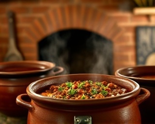 authentic Mexican recipes, comforting, simmering in clay pots, photorealistic, cozy adobe kitchen with brick oven, highly detailed, wisps of steam and aromatic spices, high contrast, natural colors, soft ambient lighting, shot with a 35mm lens.