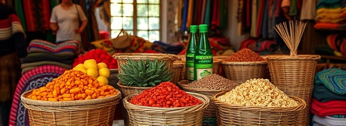 cultural Mexican ingredients, evocative, being sorted in woven baskets, photorealistic, artisan market surrounded by vibrant textiles, highly detailed, gentle breeze ruffling the textiles, high resolution, bold colors, natural morning light, shot with a 55mm lens.