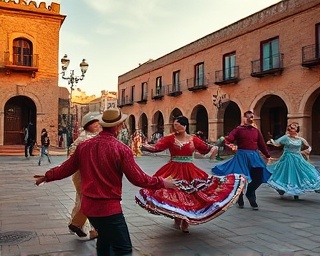 traditional Mexican heritage, nostalgic, dancing folklorico, photorealistic, historic town square with old stone buildings, highly detailed, flowing skirts and twirling dancers, crisp focus, vivid colors, golden hour lighting, shot with a 24-70mm lens.