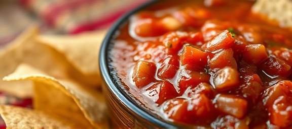 Salsa dip close-up, inviting, with tortilla chips, photorealistic, on a vivid woven cloth backdrop, highly detailed, random droplets, 1/160s shutter speed, spicy reds, soft natural light, shot with a macro lens.