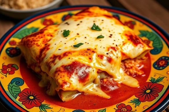 Sizzling enchilada platter, delectable, just served, photorealistic, on a vibrant Talavera plate, highly detailed, melted cheese, ISO200, saturated colors, bright midday light, shot with a 85mm lens.