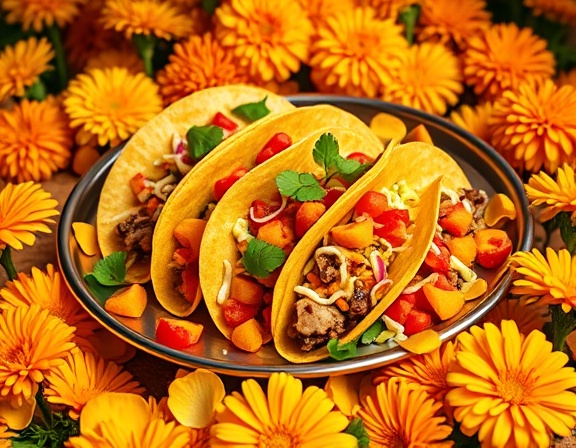 tacos pictures, vibrant and colorful, illuminated on a platter, photorealistic, amidst blooming marigolds, highly detailed, petals scattered around, ultra-wide view, lively yellows and oranges, diffused daylight, shot with a 16-35mm lens.