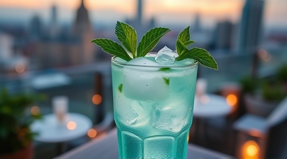 Refreshing cocktail, inviting, garnished with mint, photorealistic, rooftop party environment with cityscape, highly detailed, ice cubes glistening, cool teal, soft evening light, shot with a wide-angle lens.