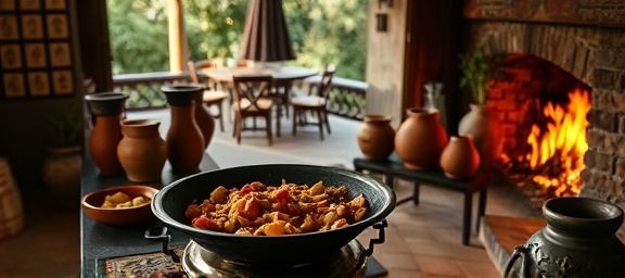 historic Mexican cuisine, timeless, being prepared on a comal, photorealistic, open-air patio with traditional pottery, highly detailed, flames from a wood fire stove, neutral focus, earthy tones, scattered sunlight, shot with a 85mm lens.