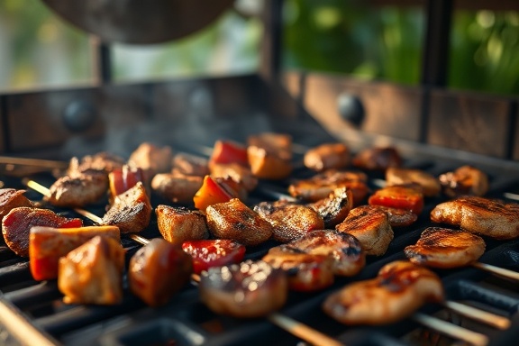 tempting fajitas grill, flavorful, expertly grilled, photorealistic, in an outdoor barbecue area with greenery, highly detailed, char marks visible, dynamic focus, smoky greys, golden hour lighting, shot with an 85mm lens.