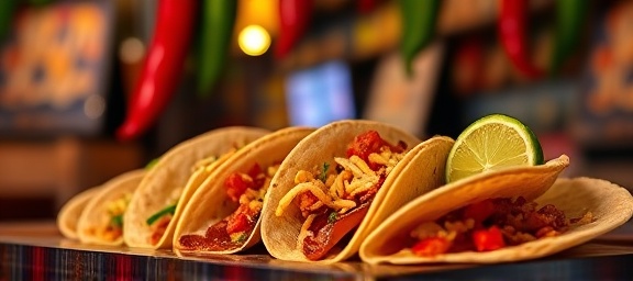 tacos images, perfectly arranged, capturing the essence of flavor, photorealistic, surrounded by traditional Mexican decor, highly detailed, hanging chili peppers and lime wedges in the frame, bokeh effect, vibrant colors, soft evening light, shot with a 35mm lens.