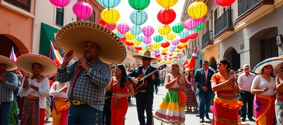 vivid Mexican traditions, celebratory, mariachi band playing, photorealistic, festive street parade with colorful papel picado, highly detailed, lively crowd and dancing figures, wide angle, festive colors, bright midday sun, shot with a 16mm lens.