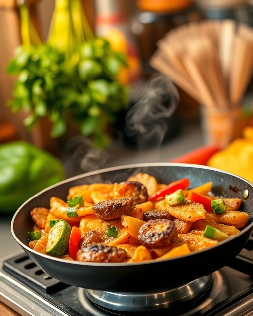 mouth-watering fajitas skillet, sizzling delight, cooking with flair, photorealistic, in a cozy kitchen setting with hanging herbs, highly detailed, smoke curling upwards, bokeh effect, vivid colors, overhead lighting, shot with a 35mm lens.