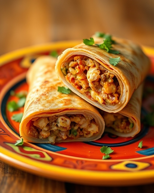 crispy chimichanga, appetizing, sliced open to reveal fillings, photorealistic, arranged on a colorful ceramic plate, highly detailed, garnished with cilantro, shallow depth of field, warm tones, soft lighting, shot with a 35mm lens
