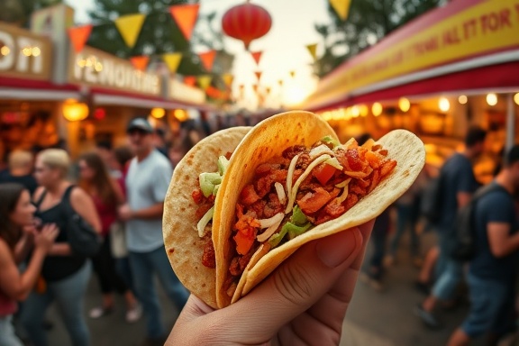savory tacos, tempting, held in hand, photorealistic, against a lively backdrop of a street food festival, highly detailed, people enjoying food around, fisheye effect, rich textures, golden hour lighting, shot with a 14mm lens.