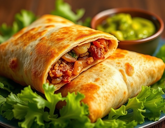 flaky chimichanga, tempting, resting on a bed of lettuce, photorealistic, featured alongside a small bowl of guacamole, highly detailed, zesty aroma, high contrast, vibrant color palette, studio lighting, shot with a 24mm lens
