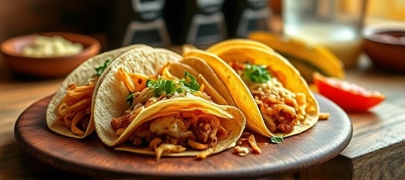 tacos photography, crisp and fresh, being served, photorealistic, on a rustic wooden table with condiments, highly detailed, steam rising from the tacos, macro shot, earthy tones, natural morning light, shot with a 100mm macro lens.